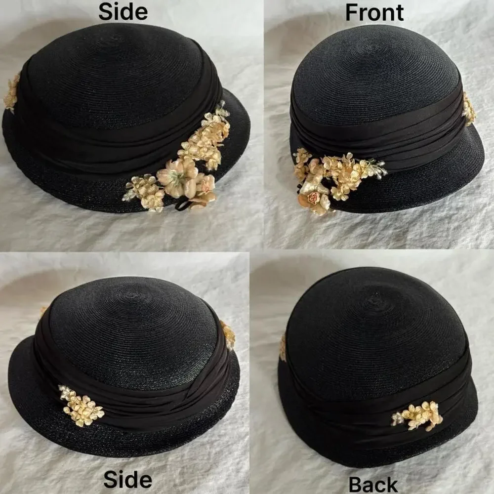Vintage 1960s Marché Exclusive black short brimmed raffia hat cloche 3D flowers
